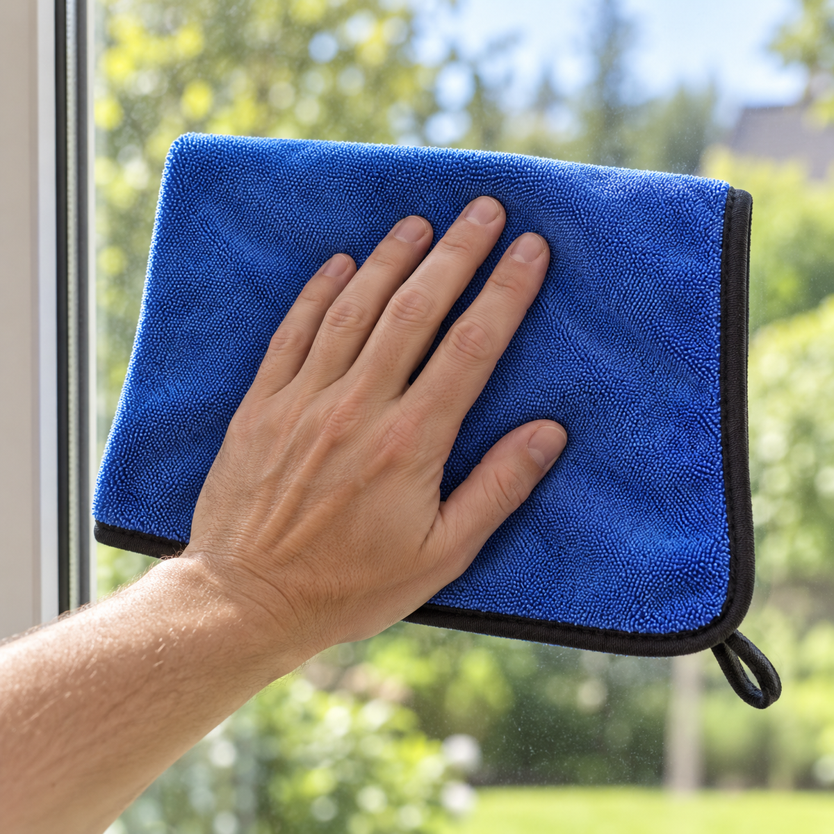 Chiffon bleu utilisé sur une vitre