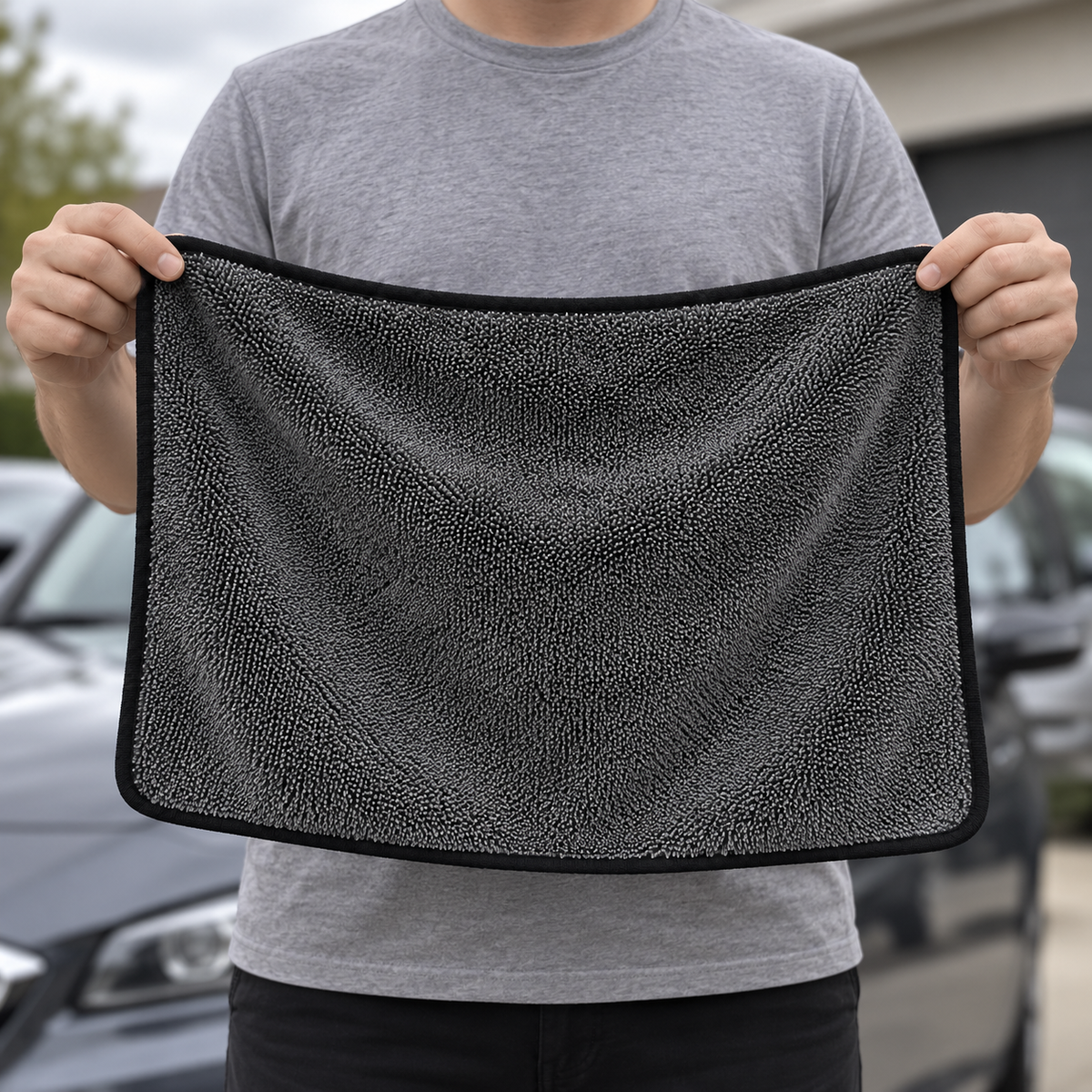 Chiffon gris anthracite déplié tenu par ses coins